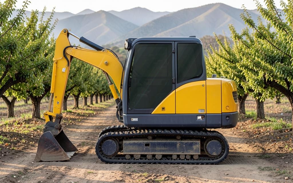 Mini excavadora en un huerto